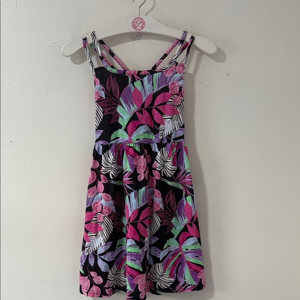 Girls Black Tropical Print Summer Dress with Pink & Green Leaves